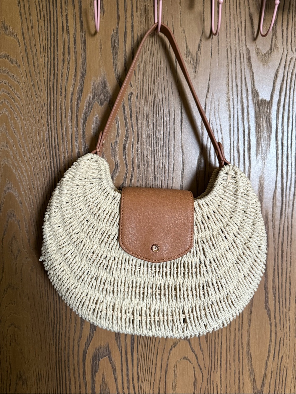 LC Lauren Conrad Cream Woven Crescent Shoulder Bag with Brown Trim - Picture 4 of 4